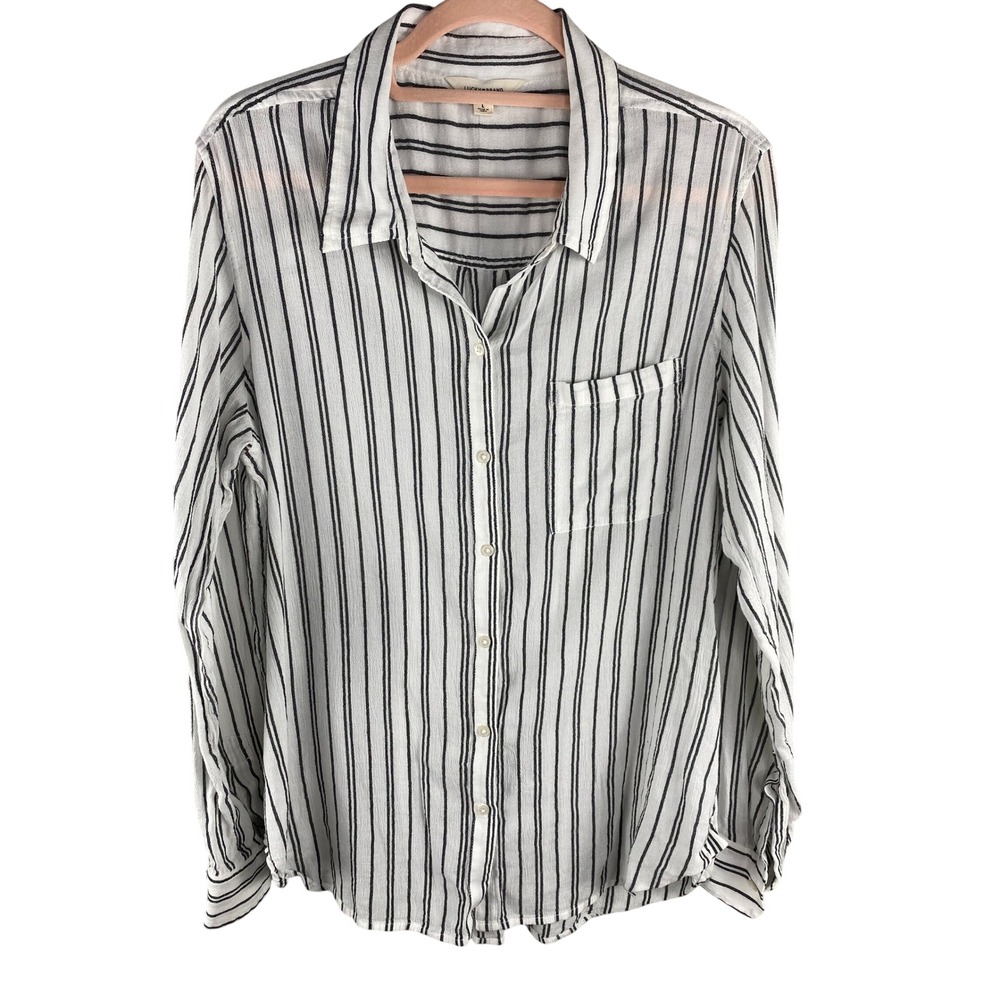 Lucky Brand Womens Striped Button Down Shirt Large White Black Long Sleeve Boho
